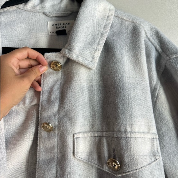 American Eagle Blue Gray Plaid Shacket Size S Cozy Oversized Button Down Jacket - Picture 6 of 7